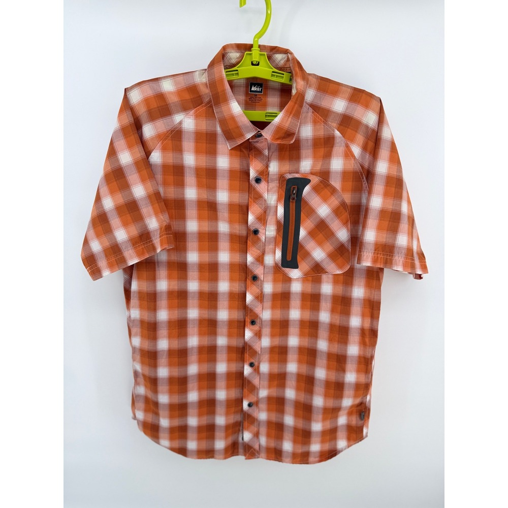 REI Mens Medium Orange Plaid Short Sleeve Button Down Hiking Shirt RN37249